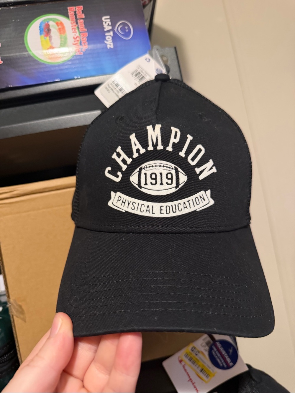 Champion Black Baseball Hat with White 'Champion 1919' Patch